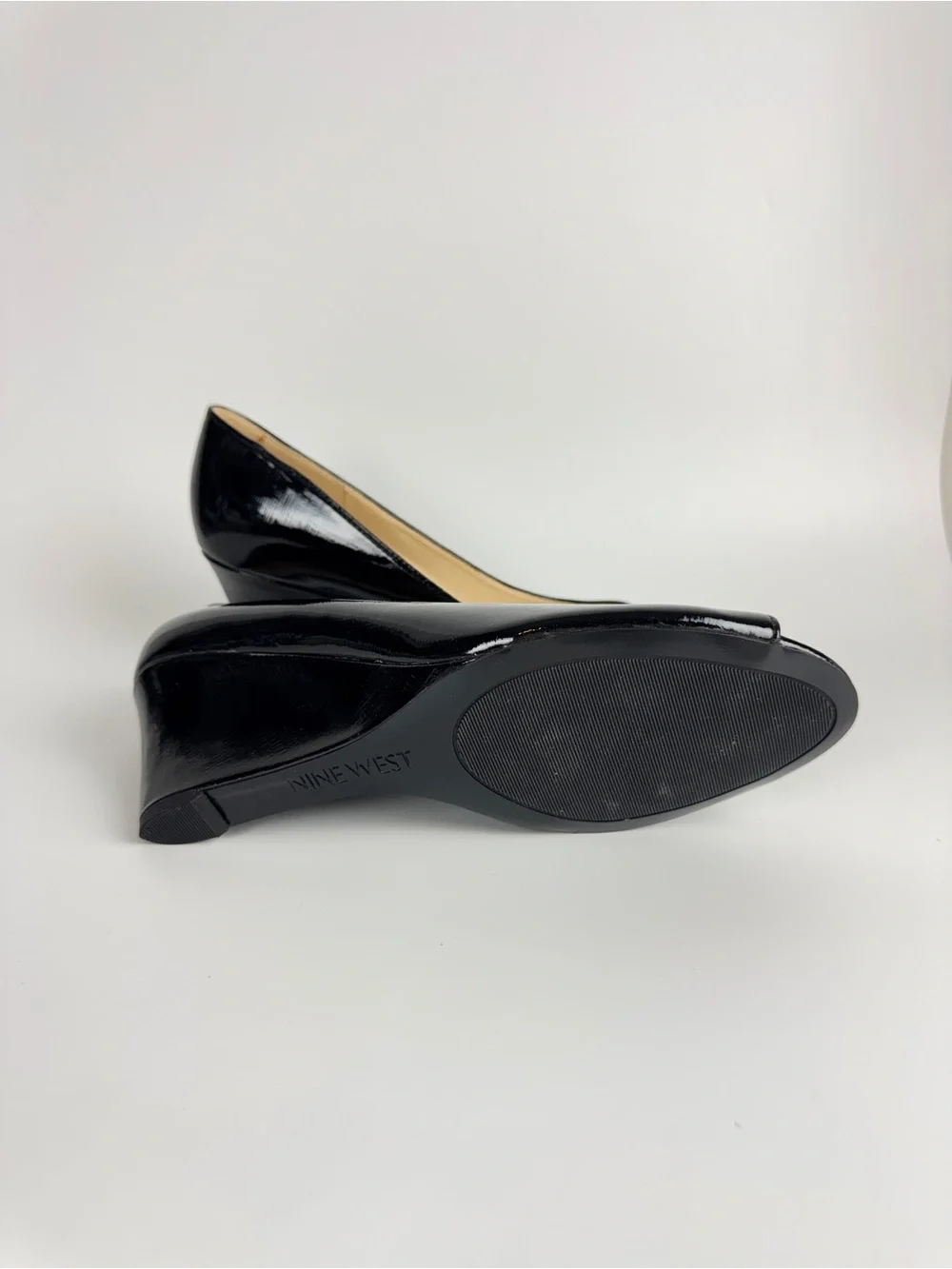 Nine West Black Patent Peep Toe Wedge Pumps